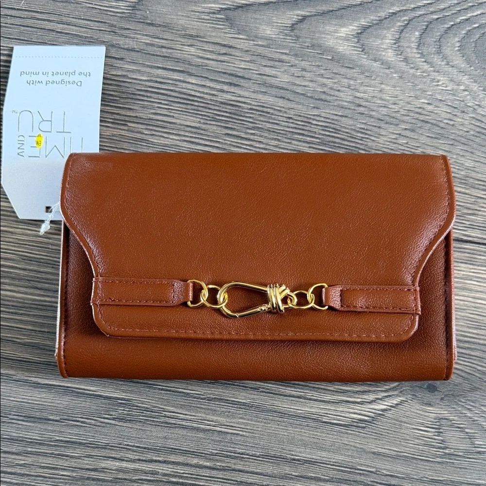 Time and Tru Brown Clutch with Gold Hardware